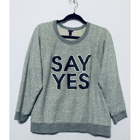J Crew Say Yes Sweatshirt Womens Medium Metallic Graphic Sweater Gray Boho - Picture 2 of 8